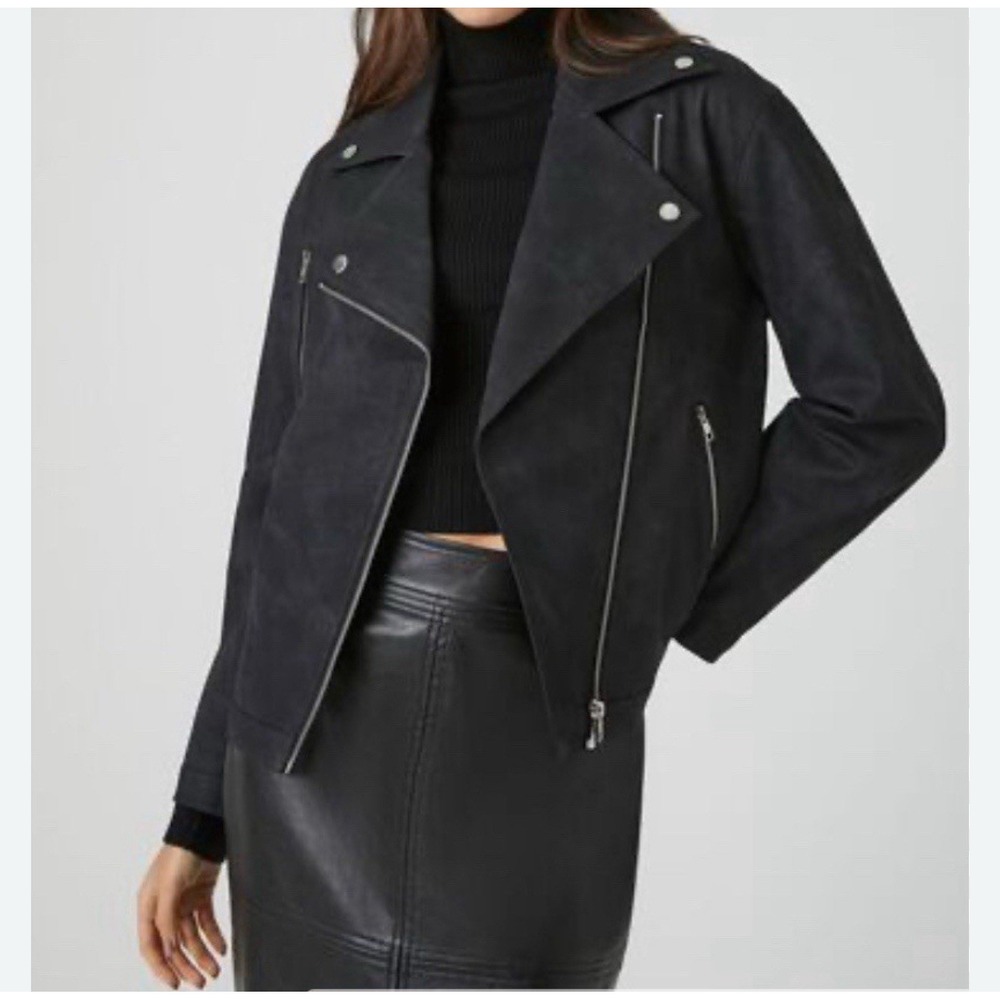 Forever 21 Black Faux Suede Biker Jacket Asymmetrical Zip Front Stylish Size 3X